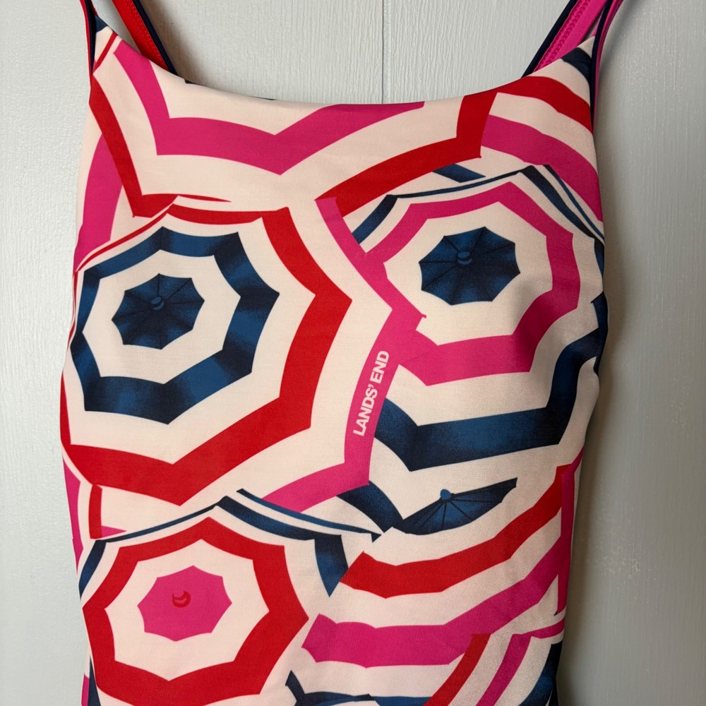 Lands' End Pink Red Navy Umbrella Print One Piece Swimsuit Size 6 Crossback - Picture 2 of 9